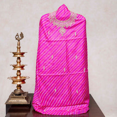 Hand Tie - Dye Tussar Silk Lehriya Kurta Fabric With Zari Hand Embroidery & Tussar Silk Lehriya Dupatta