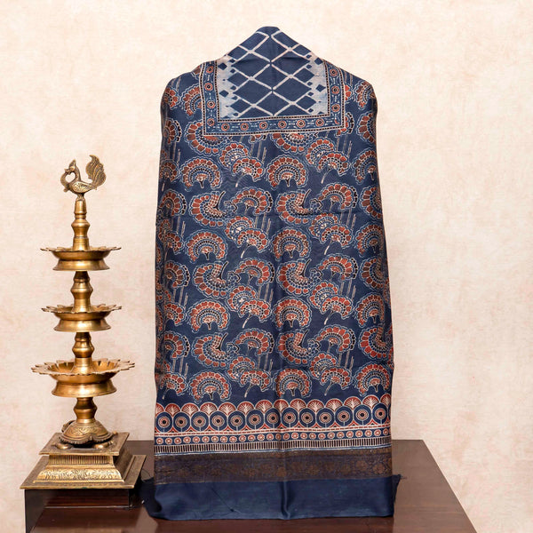 Hand Block Chanderi Ajrakh Kurta Fabric & Hand Block Chanderi Ajrakh Dupatta