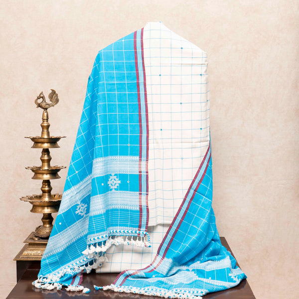 Handloom Kala Cotton Kurta Fabric With Mirror Work, Handloom Kala Cotton Bottom & Handloom Cotton Dupatta