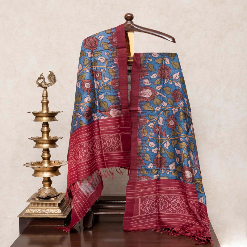 Hand Tie - Dye Chanderi Silk Kurta Fabric & Handloom Tussar Silk Hand Painted Kalam Kari Dupatta