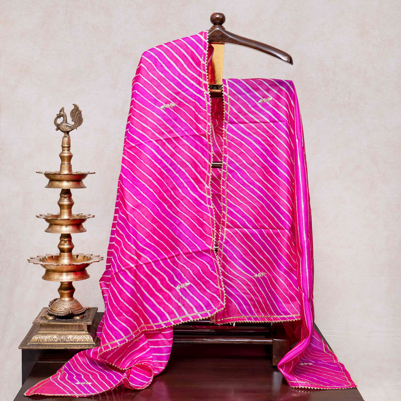 Hand Tie - Dye Tussar Silk Lehriya Kurta Fabric With Zari Hand Embroidery & Tussar Silk Lehriya Dupatta
