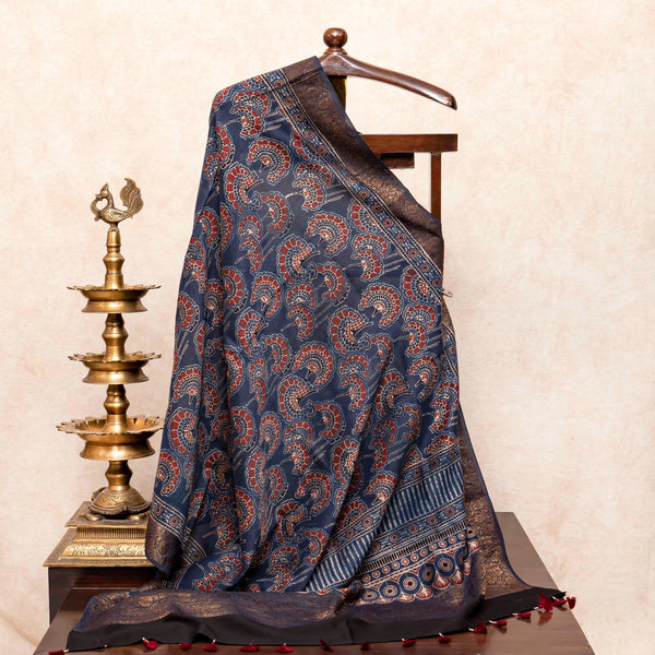 Hand Block Chanderi Ajrakh Kurta Fabric & Hand Block Chanderi Ajrakh Dupatta