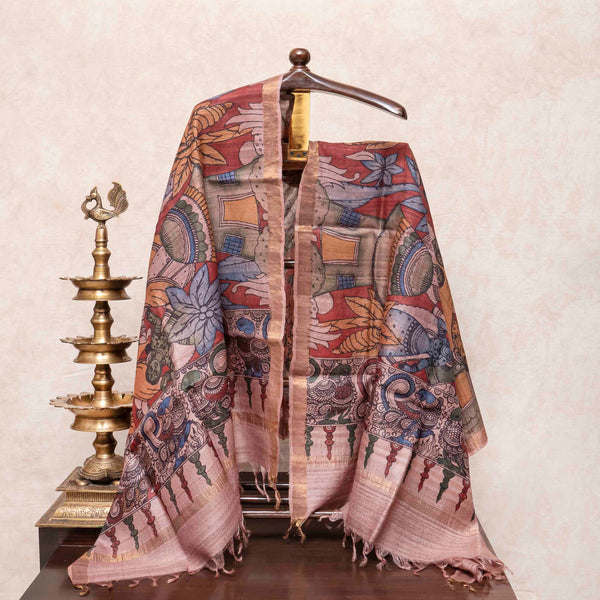 Hand Painted Pen Kalamkari Tussar Silk Earthy Dupatta