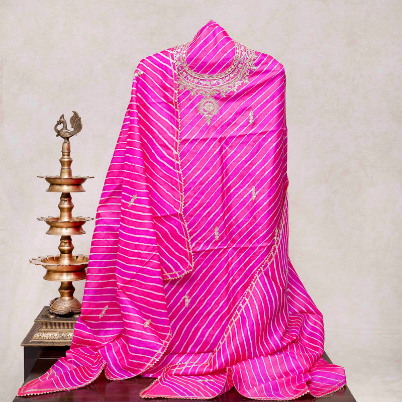Hand Tie - Dye Tussar Silk Lehriya Kurta Fabric With Zari Hand Embroidery & Tussar Silk Lehriya Dupatta