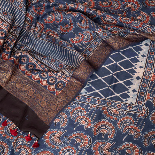 Hand Block Chanderi Ajrakh Kurta Fabric & Hand Block Chanderi Ajrakh Dupatta