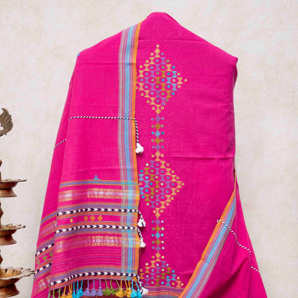 Handloom Kala Cotton Kurta Fabric With Mirror Work, Handloom Kala Cotton Bottom & Handloom Kala Cotton Designer Dupatta