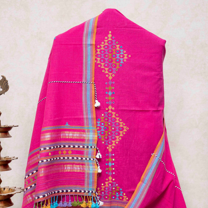 Handloom Kala Cotton Kurta Fabric With Mirror Work, Handloom Kala Cotton Bottom & Handloom Kala Cotton Designer Dupatta