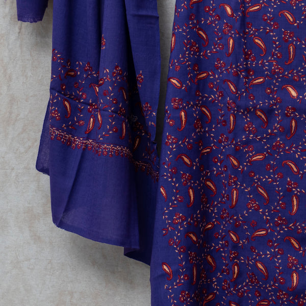 Purple Kashmiri Sozni Hand Embroidered Woollen Kurta & Bottom Fabric With Sozni Embroidery Wollen Stole