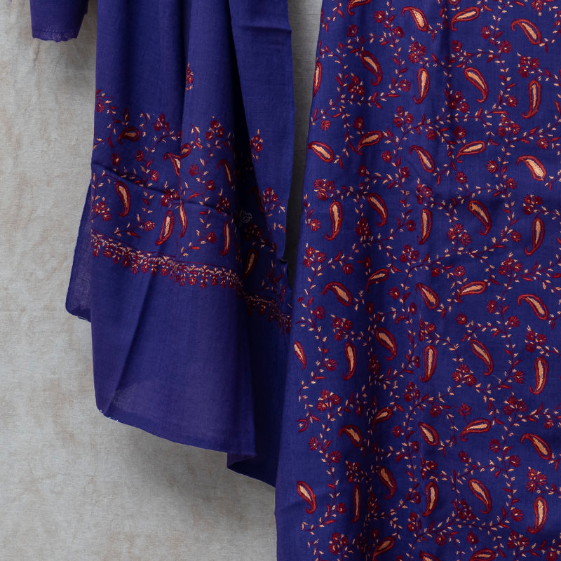 Purple Kashmiri Sozni Hand Embroidered Woollen Kurta & Bottom Fabric With Sozni Embroidery Wollen Stole