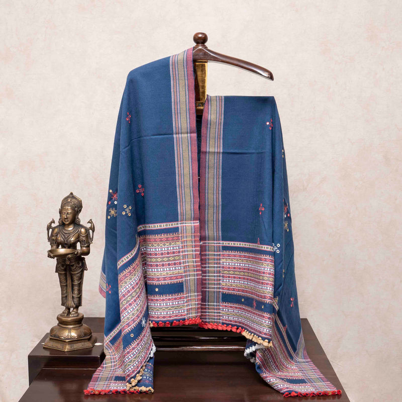 Handwoven Indigo Woollen Shawl With Mirror Work