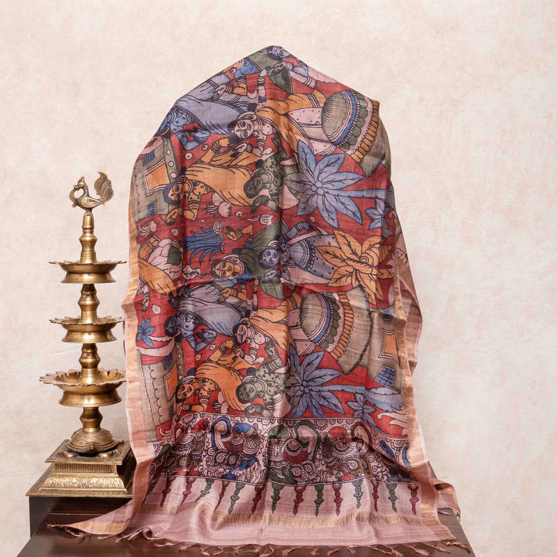 Hand Painted Pen Kalamkari Tussar Silk Earthy Dupatta