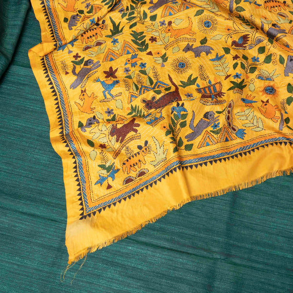 Handloom Khadi Silk Kurta, Bottom Fabric & Pure Silk Dupatta With Kantha Hand Embroidery