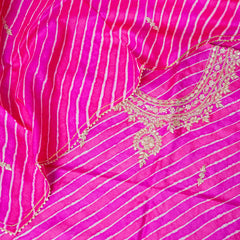 Hand Tie - Dye Tussar Silk Lehriya Kurta Fabric With Zari Hand Embroidery & Tussar Silk Lehriya Dupatta