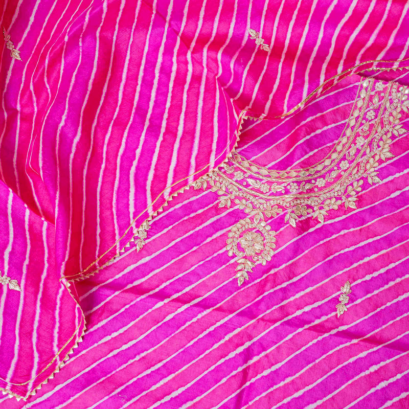 Hand Tie - Dye Tussar Silk Lehriya Kurta Fabric With Zari Hand Embroidery & Tussar Silk Lehriya Dupatta