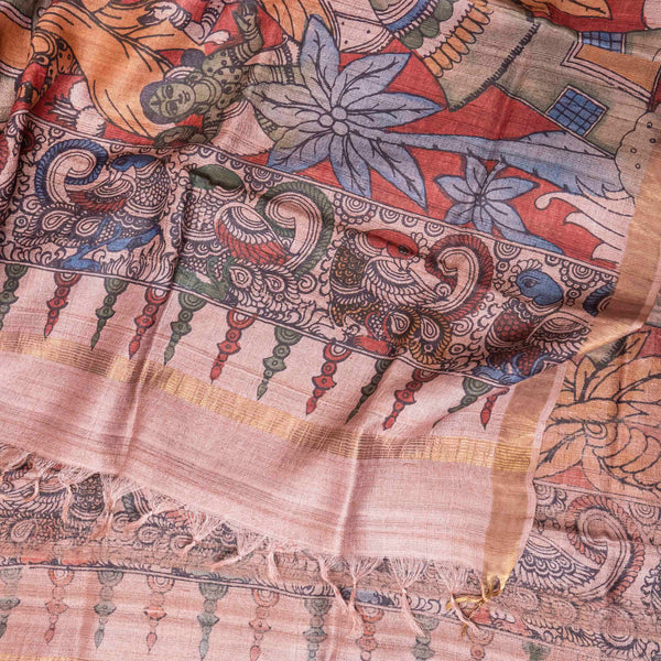 Hand Painted Pen Kalamkari Tussar Silk Earthy Dupatta