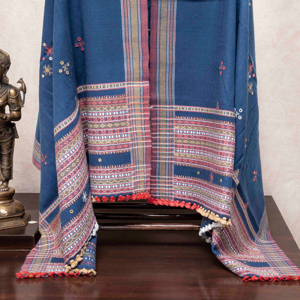 Handwoven Indigo Woollen Shawl With Mirror Work