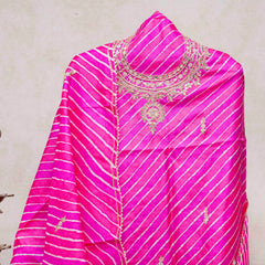 Hand Tie - Dye Tussar Silk Lehriya Kurta Fabric With Zari Hand Embroidery & Tussar Silk Lehriya Dupatta