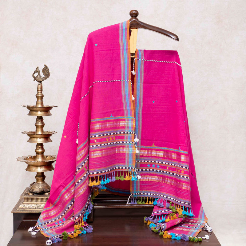 Handloom Kala Cotton Kurta Fabric With Mirror Work, Handloom Kala Cotton Bottom & Handloom Kala Cotton Designer Dupatta