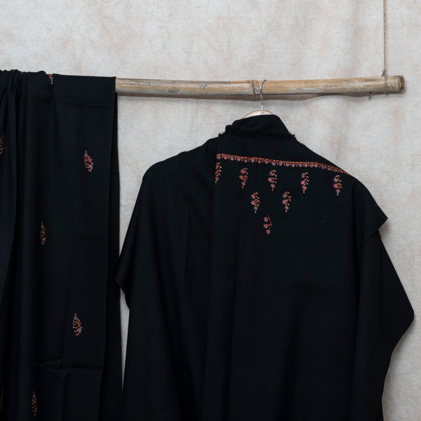 Black Kashmiri Sozni Hand Embroidered Woollen Kurta & Bottom Fabric With Sozni Embroidery Wollen Stole
