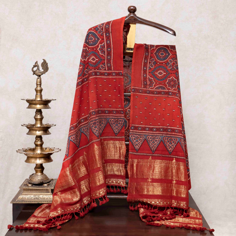 Handloom Kala Cotton Ajrakh Kurta Fabric Approx & Handloom Kala Cotton Ajrakh Dupatta