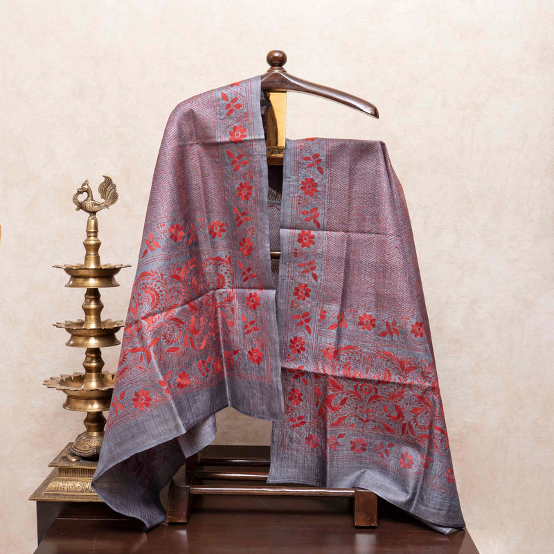 Handloom Khadi Silk Suit Fabric With Tussar Silk Hand Embroidery Kantha Dupatta