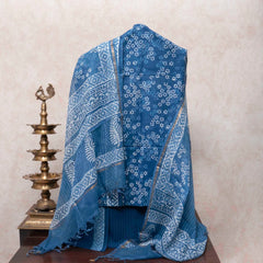 Indigo Bloom Handblock Cotton Suit with Kota Doria Dupatta