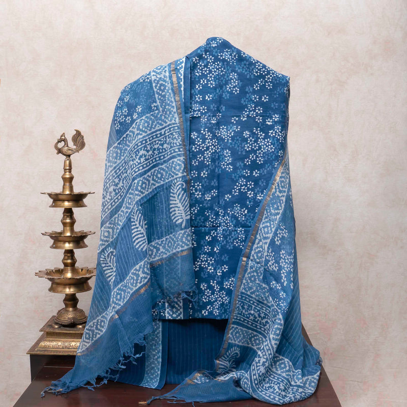 Indigo Bloom Handblock Cotton Suit with Kota Doria Dupatta