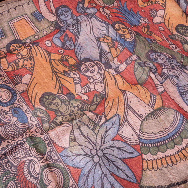 Hand Painted Pen Kalamkari Tussar Silk Earthy Dupatta