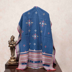 Handwoven Indigo Woollen Shawl With Mirror Work