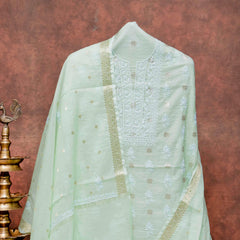 Chanderi Silk Banarsi Chikankari Hand Embroidered Kurta Fabric & Chandari Silk Banarasi Chikankari Dupatta