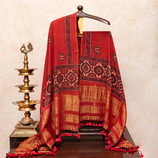 Handloom Kala Cotton Ajrakh Hand Block Kurta & Dupatta Fabric