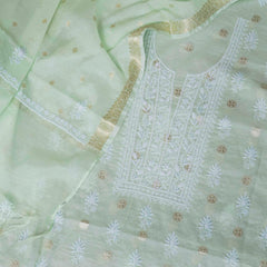 Chanderi Silk Banarsi Chikankari Hand Embroidered Kurta Fabric & Chandari Silk Banarasi Chikankari Dupatta