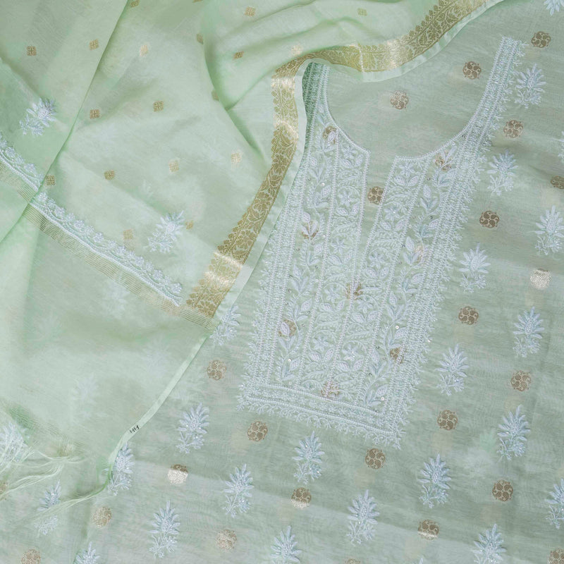 Chanderi Silk Banarsi Chikankari Hand Embroidered Kurta Fabric & Chandari Silk Banarasi Chikankari Dupatta