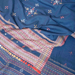 Handwoven Indigo Woollen Shawl With Mirror Work