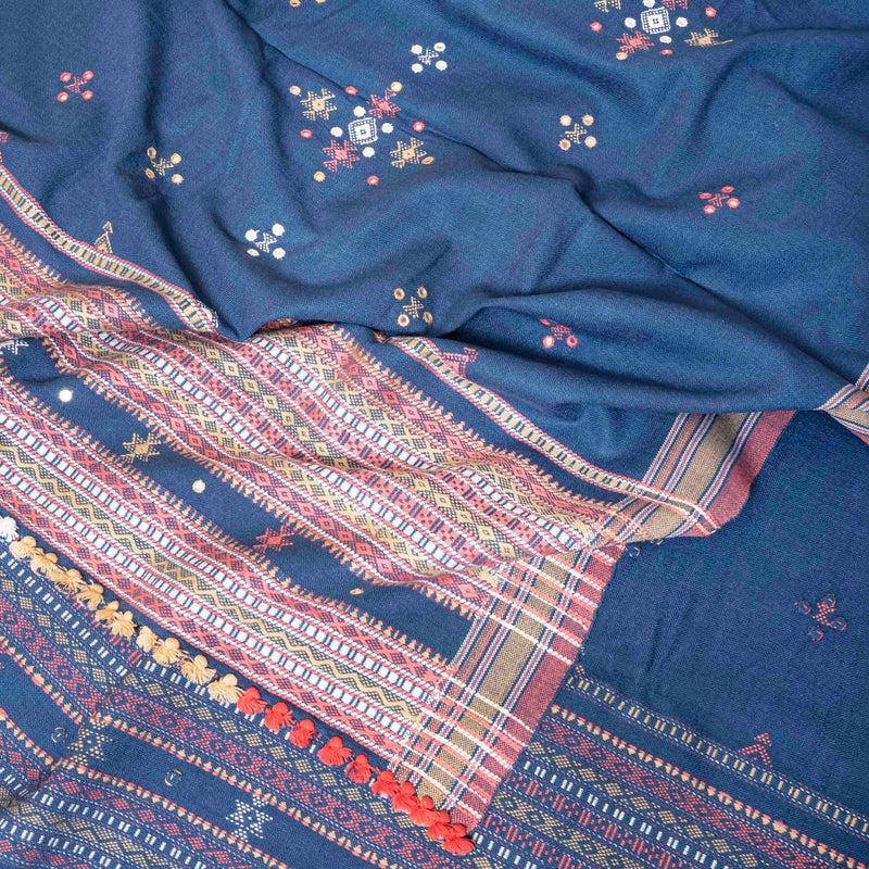 Handwoven Indigo Woollen Shawl With Mirror Work