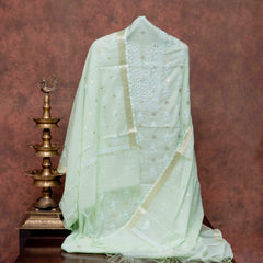 Chanderi Silk Banarsi Chikankari Hand Embroidered Kurta Fabric & Chandari Silk Banarasi Chikankari Dupatta