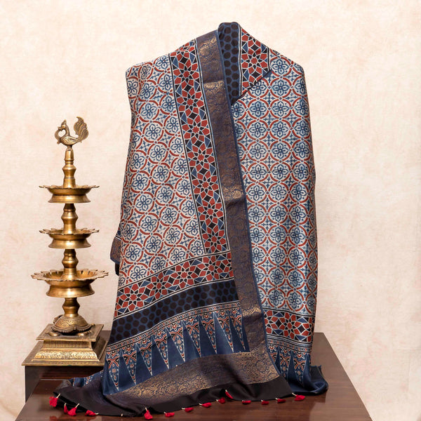 Hand Block Chanderi Ajrakh Kurta Fabric & Hand Block Chanderi Ajrakh Dupatta