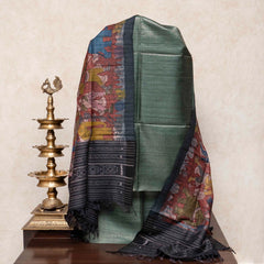 Handloom Tussar Silk Kurta, Bottom Fabric & Handloom Tussar Silk Hand Painted Kalam Kari Dupatta