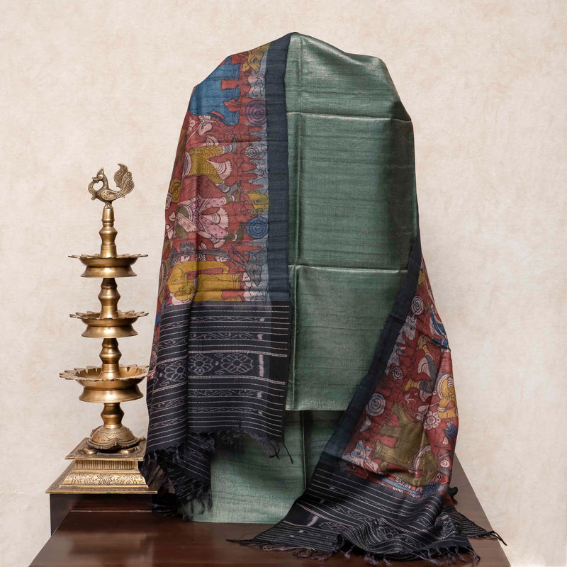 Handloom Tussar Silk Kurta, Bottom Fabric & Handloom Tussar Silk Hand Painted Kalam Kari Dupatta