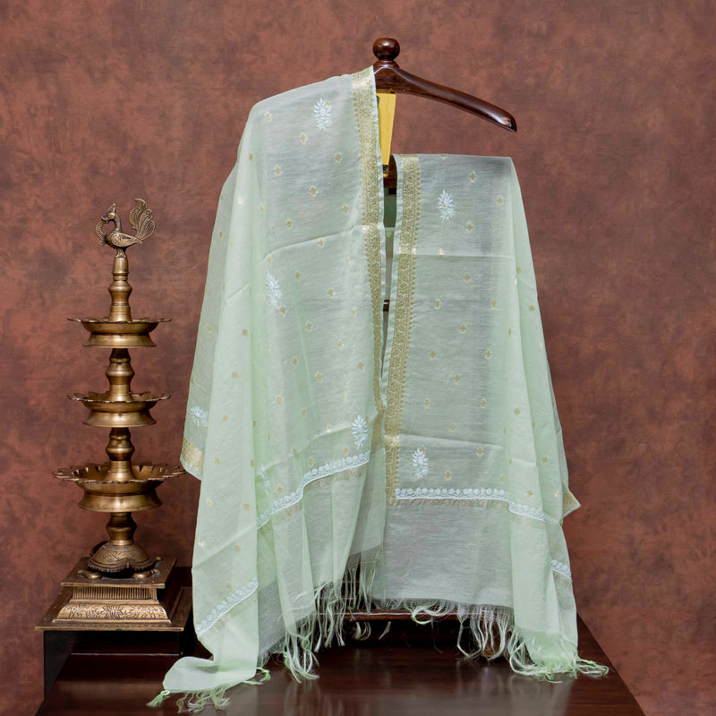 Chanderi Silk Banarsi Chikankari Hand Embroidered Kurta Fabric & Chandari Silk Banarasi Chikankari Dupatta