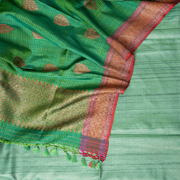 Handloom Tussar Silk Kurta - Bottom Fabric &&nbsp;Handloom Raw Silk Dupatta With Antique Zari And Kadwa Weave