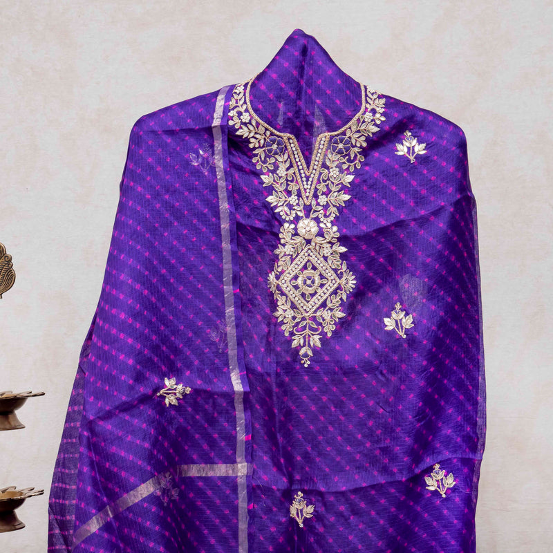 Hand Tie - Dye Kota Silk Kurta Fabric With Zari Hand Embroidery & Zari Hand Embroidery Dupatta