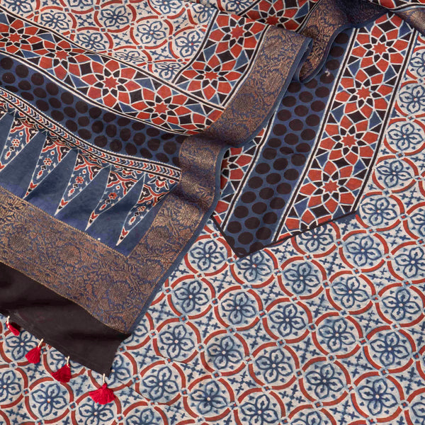Hand Block Chanderi Ajrakh Kurta Fabric & Hand Block Chanderi Ajrakh Dupatta