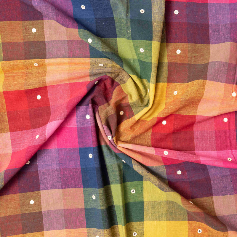 Handloom Kala Cotton Multicoloured Check Kurta Fabric With Mirror Work