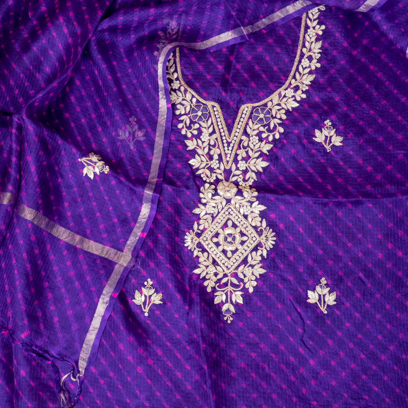 Hand Tie - Dye Kota Silk Kurta Fabric With Zari Hand Embroidery & Zari Hand Embroidery Dupatta