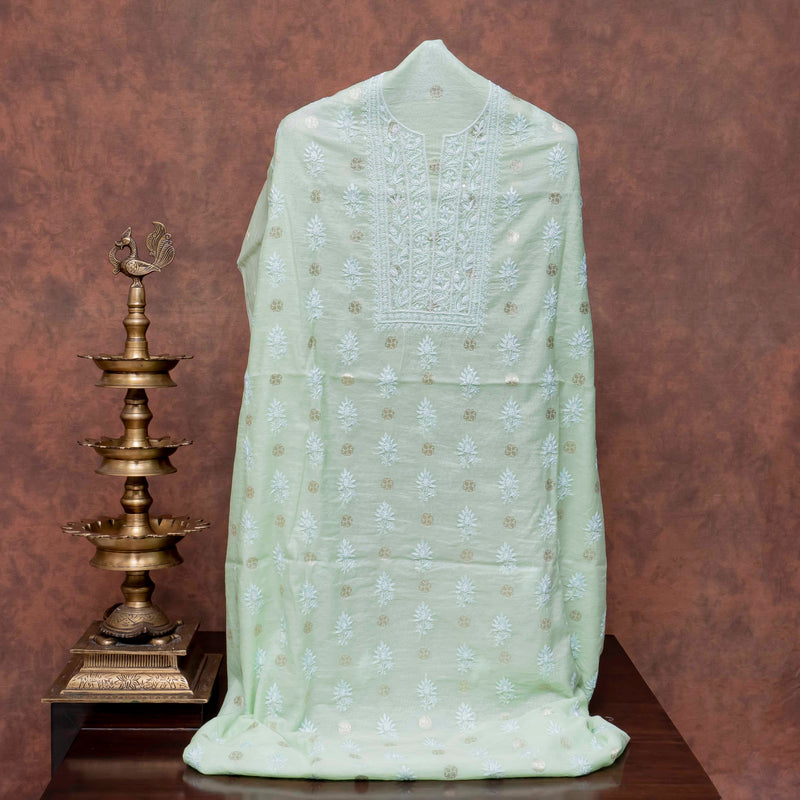Chanderi Silk Banarsi Chikankari Hand Embroidered Kurta Fabric & Chandari Silk Banarasi Chikankari Dupatta