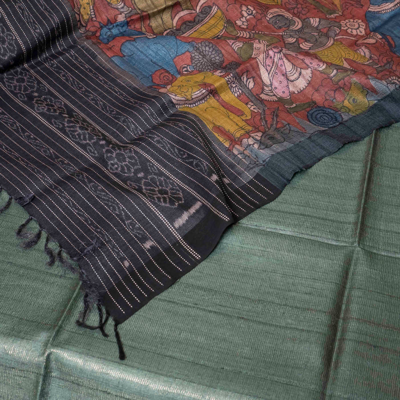 Handloom Tussar Silk Kurta, Bottom Fabric & Handloom Tussar Silk Hand Painted Kalam Kari Dupatta