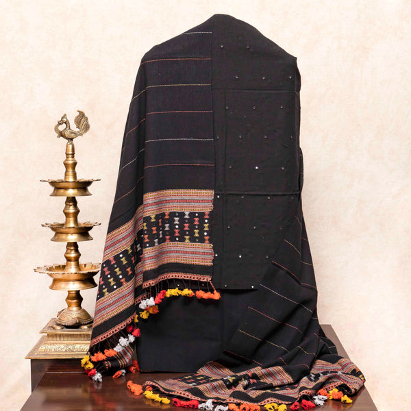 Handloom Kala Cotton Kurta Fabric With Mirror Work, Handloom Kala Cotton Bottom Fabric & Handloom Kala Cotton Dupatta With Mirror Work