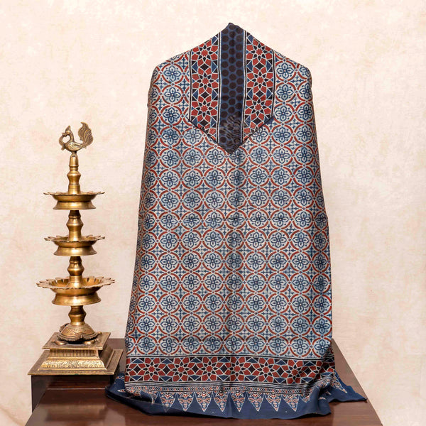 Hand Block Chanderi Ajrakh Kurta Fabric & Hand Block Chanderi Ajrakh Dupatta