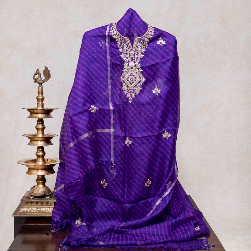 Hand Tie - Dye Kota Silk Kurta Fabric With Zari Hand Embroidery & Zari Hand Embroidery Dupatta
